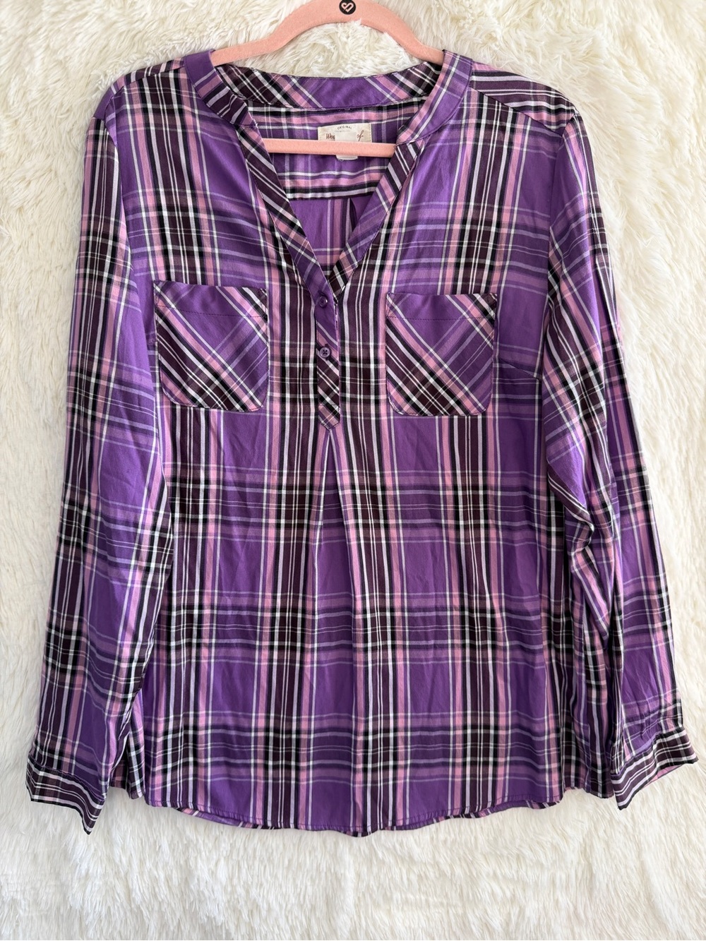 Weatherproof Vintage Womens Plaid V-Neck Blouse XL Purple Cabincore Americana